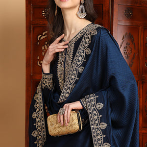 Navy Blue Silk Blend Solid Embroidered Straight Suit Set PKSKD2262
