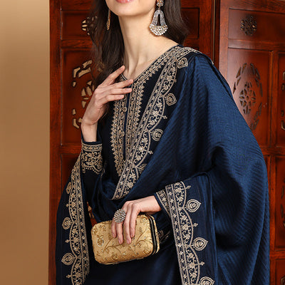 Navy Blue Silk Blend Solid Embroidered Straight Suit Set PKSKD2262