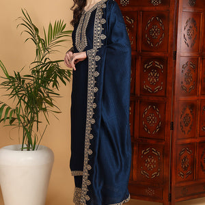 Navy Blue Silk Blend Solid Embroidered Straight Suit Set PKSKD2262