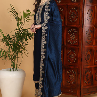 Navy Blue Silk Blend Solid Embroidered Straight Suit Set PKSKD2262