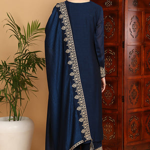 Navy Blue Silk Blend Solid Embroidered Straight Suit Set PKSKD2262