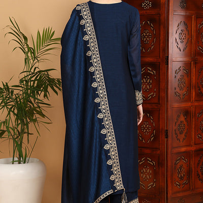 Navy Blue Silk Blend Solid Embroidered Straight Suit Set PKSKD2262