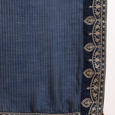 Navy Blue Silk Blend Solid Embroidered Straight Suit Set PKSKD2262