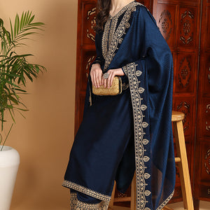 Navy Blue Silk Blend Solid Embroidered Straight Suit Set PKSKD2262