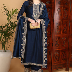 Navy Blue Silk Blend Solid Embroidered Straight Suit Set PKSKD2262