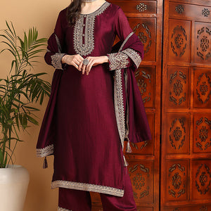 Wine Silk Blend Solid Embroidered Straight Palazzo Bottom Suit Set PKSKD2264