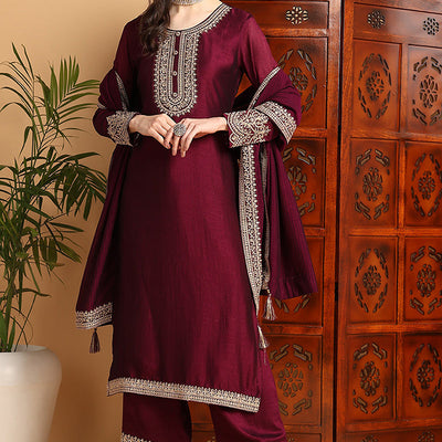 Wine Silk Blend Solid Embroidered Straight Palazzo Bottom Suit Set PKSKD2264
