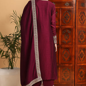 Wine Silk Blend Solid Embroidered Straight Palazzo Bottom Suit Set PKSKD2264
