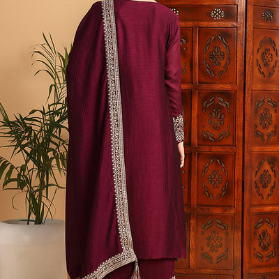 Wine Silk Blend Solid Embroidered Straight Palazzo Bottom Suit Set PKSKD2264