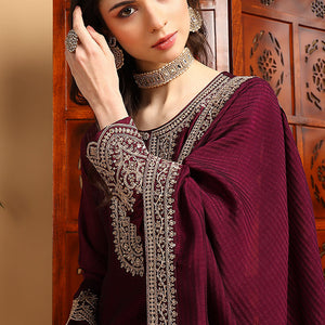 Wine Silk Blend Solid Embroidered Straight Palazzo Bottom Suit Set PKSKD2264