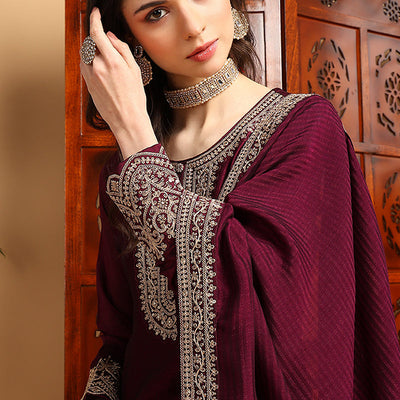 Wine Silk Blend Solid Embroidered Straight Palazzo Bottom Suit Set PKSKD2264