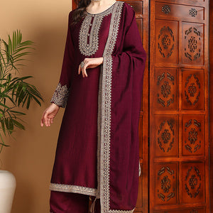 Wine Silk Blend Solid Embroidered Straight Palazzo Bottom Suit Set PKSKD2264