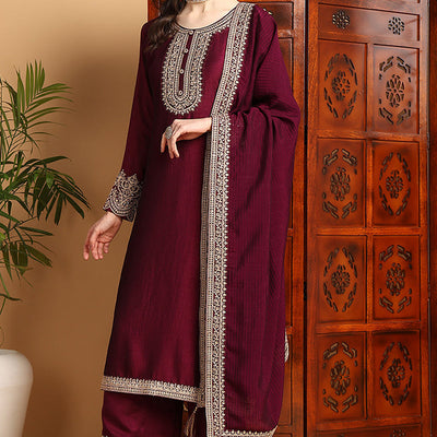 Wine Silk Blend Solid Embroidered Straight Palazzo Bottom Suit Set PKSKD2264