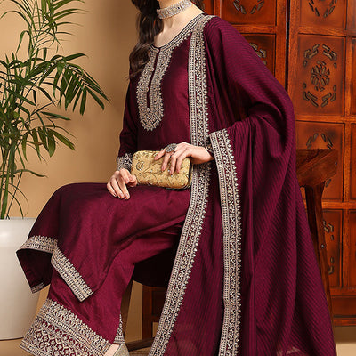 Wine Silk Blend Solid Embroidered Straight Palazzo Bottom Suit Set PKSKD2264
