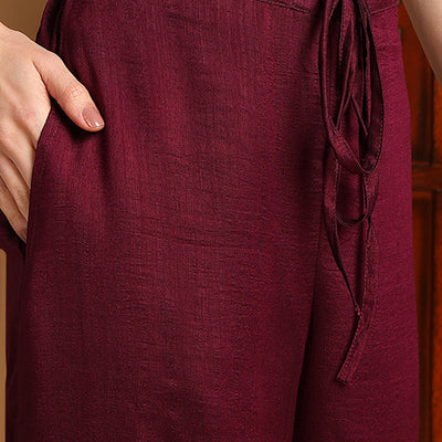 Wine Silk Blend Solid Embroidered Straight Palazzo Bottom Suit Set PKSKD2264