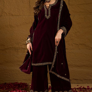 Purple Velvet Solid Embroidered Straight Palazzo Suit Set PKSKD2273