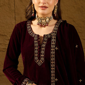 Purple Velvet Solid Embroidered Straight Palazzo Suit Set PKSKD2273