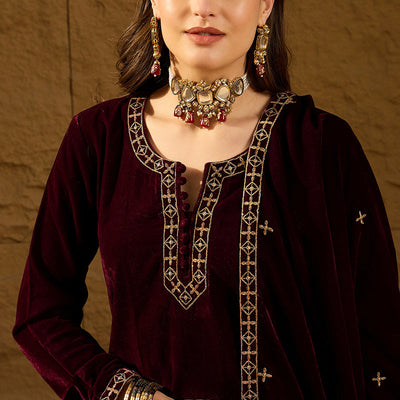 Purple Velvet Solid Embroidered Straight Palazzo Suit Set PKSKD2273