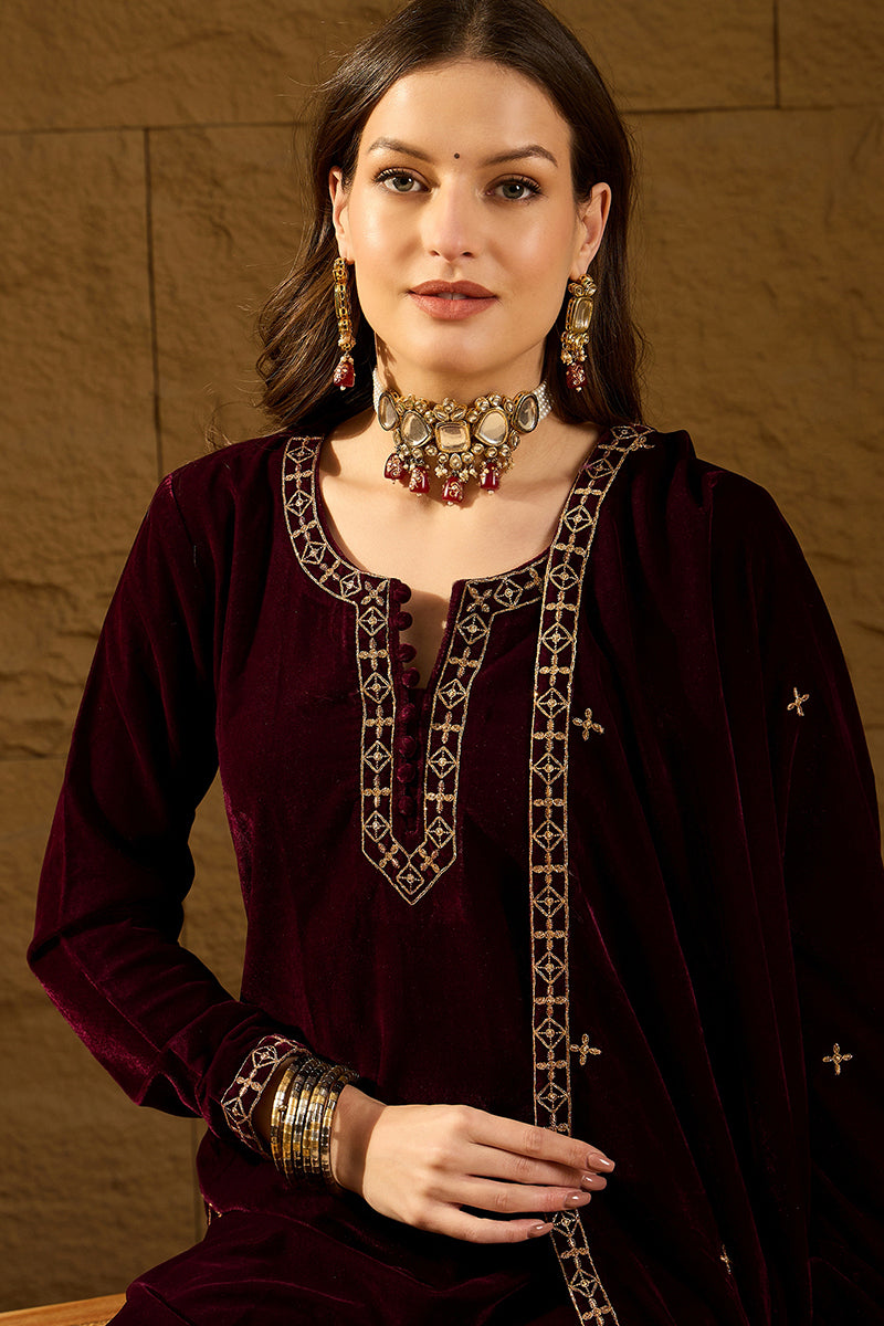 Purple Velvet Solid Embroidered Straight Palazzo Suit Set PKSKD2273
