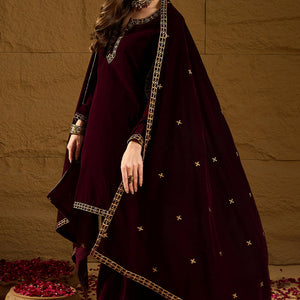 Purple Velvet Solid Embroidered Straight Palazzo Suit Set PKSKD2273