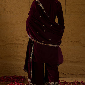 Purple Velvet Solid Embroidered Straight Palazzo Suit Set PKSKD2273