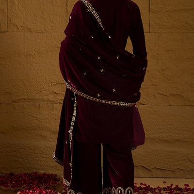 Purple Velvet Solid Embroidered Straight Palazzo Suit Set PKSKD2273