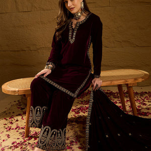 Purple Velvet Solid Embroidered Straight Palazzo Suit Set PKSKD2273