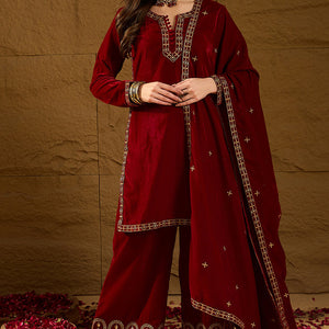Red Velvet Solid Embroidered Straight Palazzo Suit Set PKSKD2275