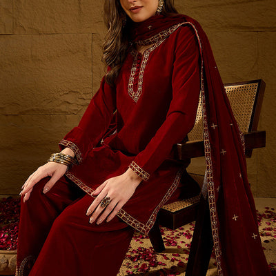 Red Velvet Solid Embroidered Straight Palazzo Suit Set PKSKD2275