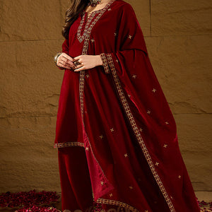 Red Velvet Solid Embroidered Straight Palazzo Suit Set PKSKD2275