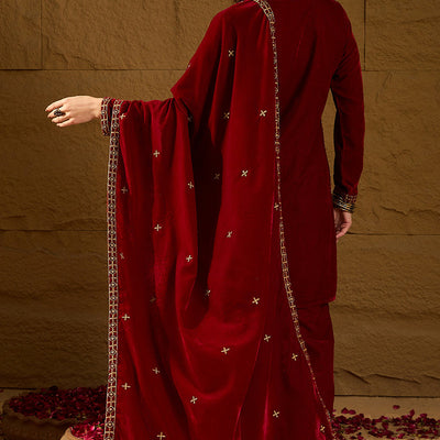 Red Velvet Solid Embroidered Straight Palazzo Suit Set PKSKD2275