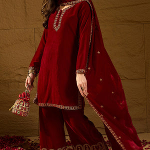 Red Velvet Solid Embroidered Straight Palazzo Suit Set PKSKD2275