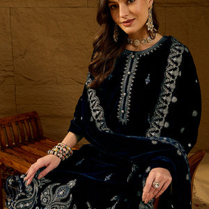 Blue Velvet Solid Embroidered Straight Trousers Suit Set PKSKD2277