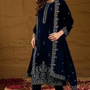Blue Velvet Solid Embroidered Straight Trousers Suit Set PKSKD2277