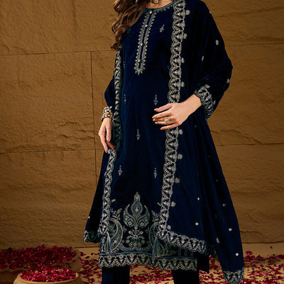 Blue Velvet Solid Embroidered Straight Trousers Suit Set PKSKD2277