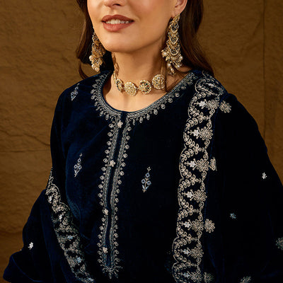 Blue Velvet Solid Embroidered Straight Trousers Suit Set PKSKD2277
