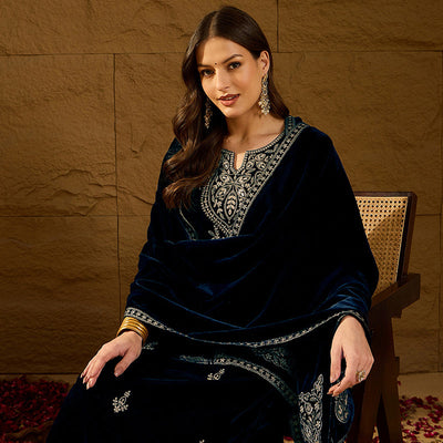 Navy Blue Velvet Solid Embroidered Straight Trousers Suit Set PKSKD2286