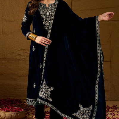 Navy Blue Velvet Solid Embroidered Straight Trousers Suit Set PKSKD2286