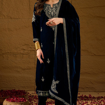 Navy Blue Velvet Solid Embroidered Straight Trousers Suit Set PKSKD2286