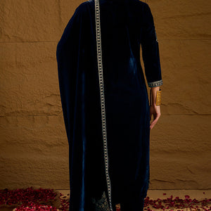 Navy Blue Velvet Solid Embroidered Straight Trousers Suit Set PKSKD2286