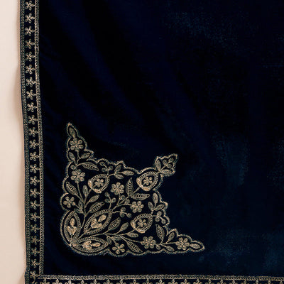 Navy Blue Velvet Solid Embroidered Straight Trousers Suit Set PKSKD2286