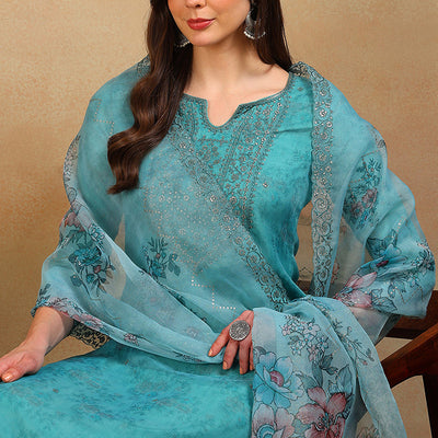 Turquoise Blue Organza Floral Embroidered Straight Regular Suit Set PKSKD2312