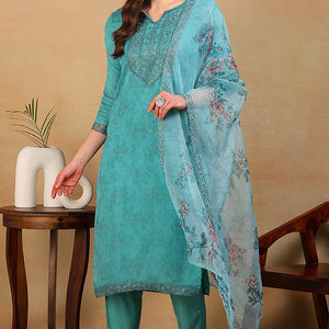 Turquoise Blue Organza Floral Embroidered Straight Regular Suit Set PKSKD2312