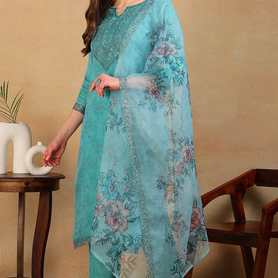 Turquoise Blue Organza Floral Embroidered Straight Regular Suit Set PKSKD2312