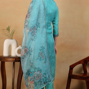 Turquoise Blue Organza Floral Embroidered Straight Regular Suit Set PKSKD2312