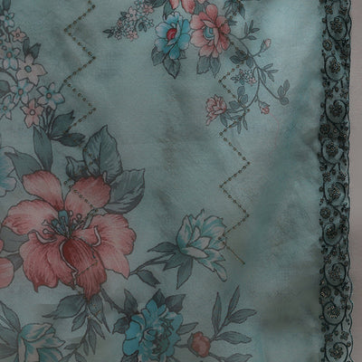 Turquoise Blue Organza Floral Embroidered Straight Regular Suit Set PKSKD2312