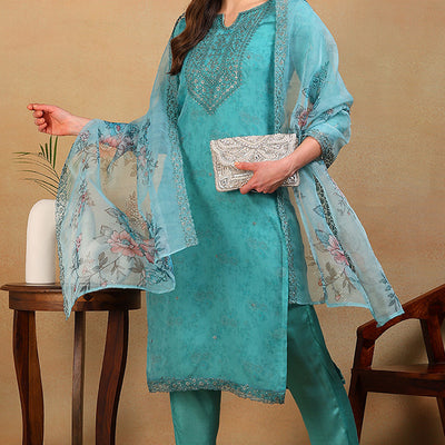 Turquoise Blue Organza Floral Embroidered Straight Regular Suit Set PKSKD2312