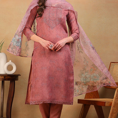 Mauve Organza Floral Embroidered Straight Regular Suit Set PKSKD2313