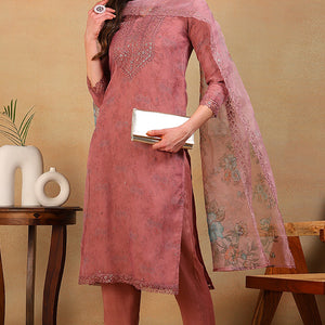 Mauve Organza Floral Embroidered Straight Regular Suit Set PKSKD2313
