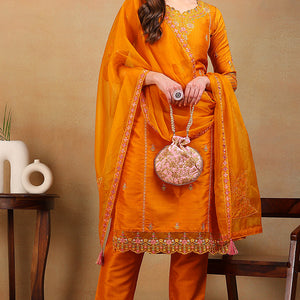 Mustard Yellow Silk Blend Solid Embroidered Straight Suit Set PKSKD2319